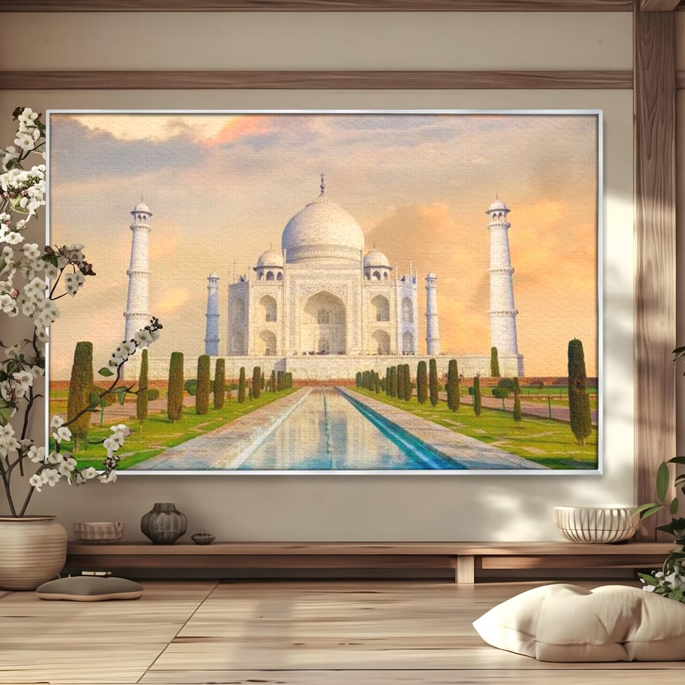 Tablou canvas cu tablou canvas cu taj mahal, in rama de aluminiu argintiu